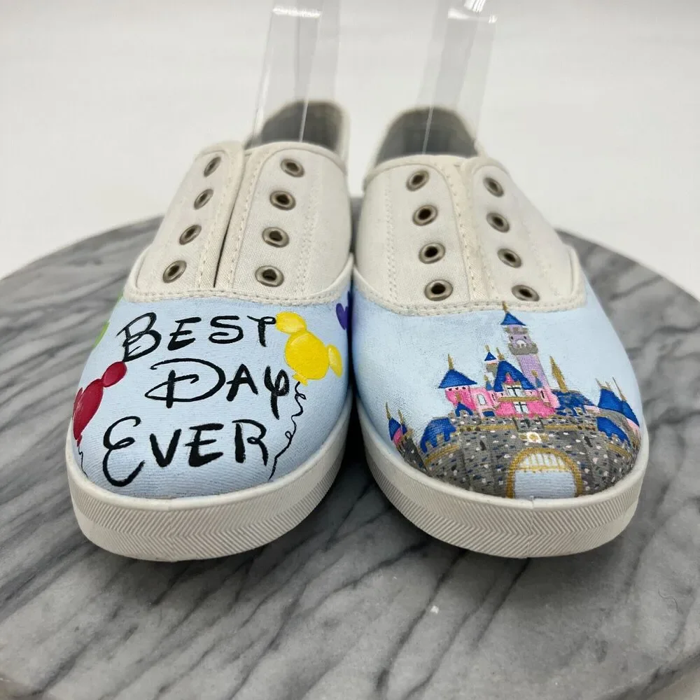 Time and Tru Disney Best Day Ever Sneaker Women 10 White Canvas Laceless Low Top
